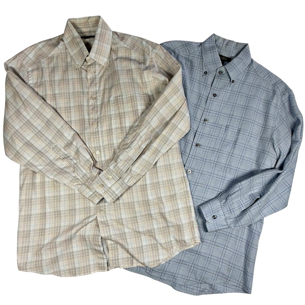 LOT of 2 Ermenegildo Zegna Button Up Dress Shirts L Cotton Windowpane Preppy